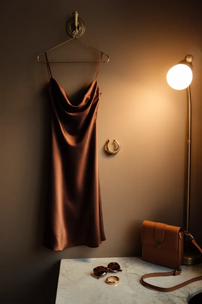 Espresso satin slip dress on a brass hook with gold hoops, elevated summer capsule dress