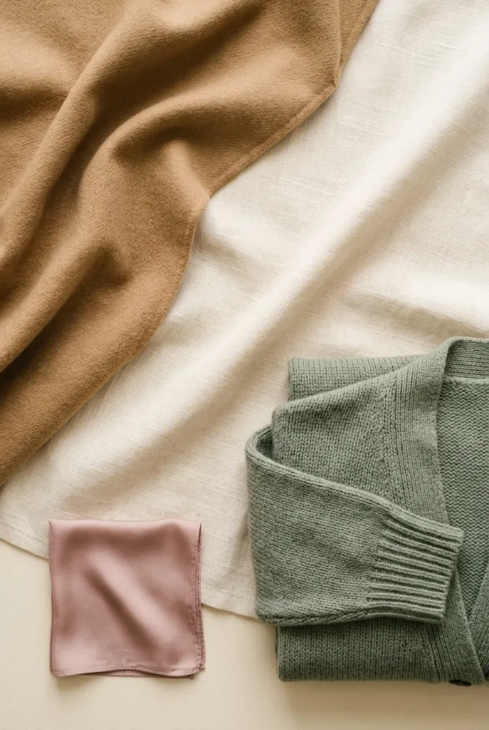 Fabric swatches showing a 60-30-10 spring palette in camel, sage green, and dusty rose.