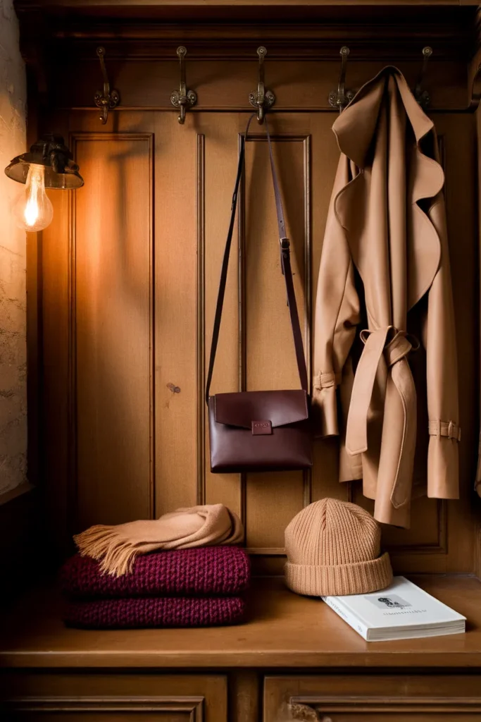 Fall 2026 capsule wardrobe colors, a burgundy knit with camel trench and espresso leather accessories.