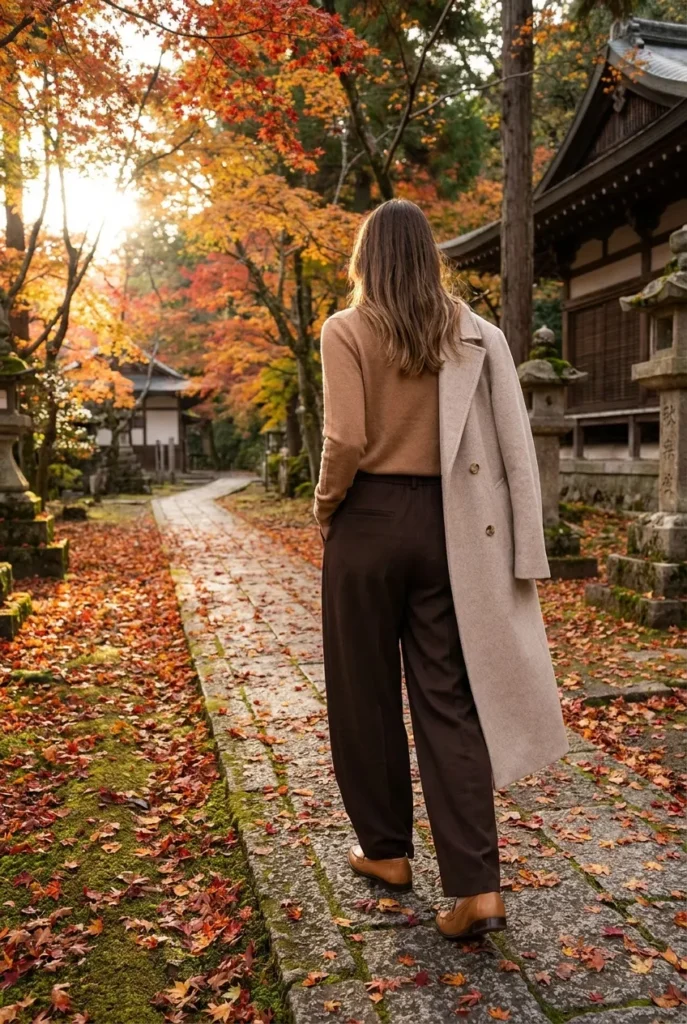 Fall Japan capsule outfit in camel knit and wide-leg trousers among maple leaves