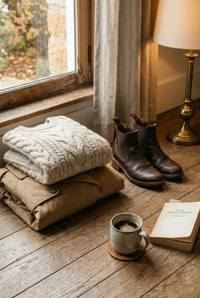 Fall Scandinavian outfit layers with oat knit camel trench and brown boots