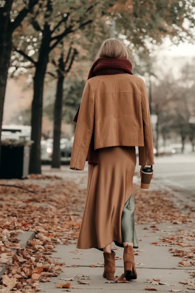 Fall boho capsule wardrobe outfit with suede jacket, ankle boots, and a burgundy scarf accent