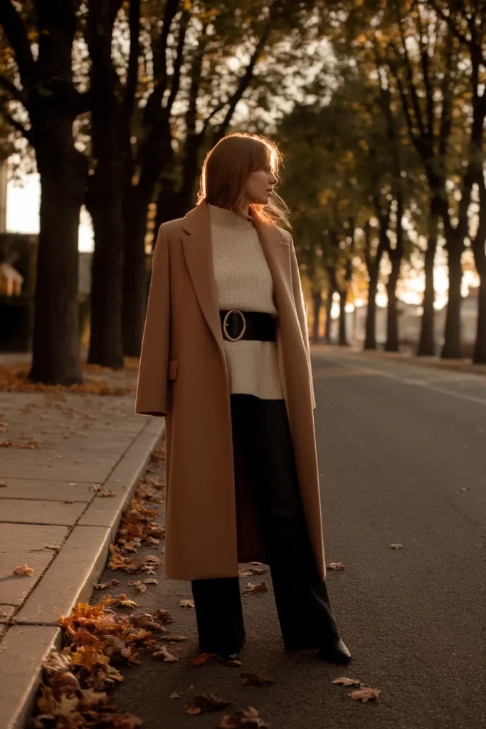 Fall capsule outfit with a camel coat and one wide statement belt as the single trend piece