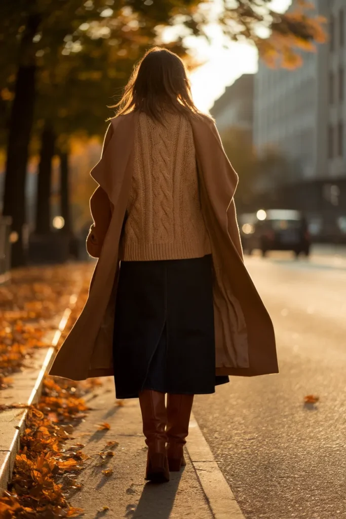 Fall denim skirt outfit with chunky knit sweater, tall boots, and camel trench coat.