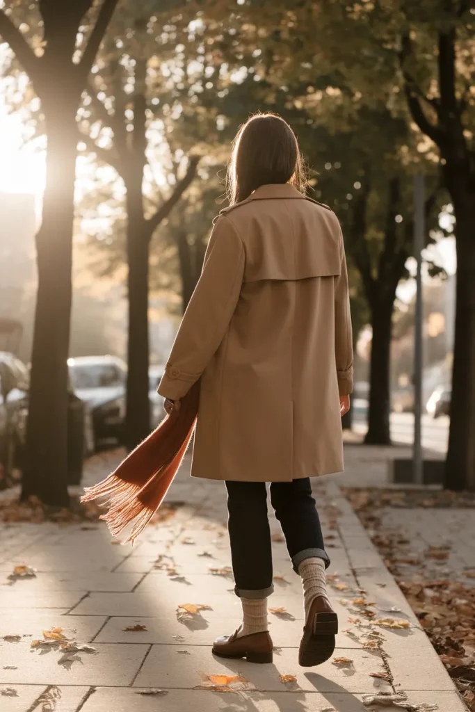 Fall styling with brown lug-sole loafers, a camel trench, and ribbed socks