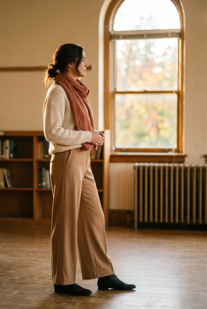 Fall teacher outfit with camel trousers, cream knit, booties, and terracotta scarf