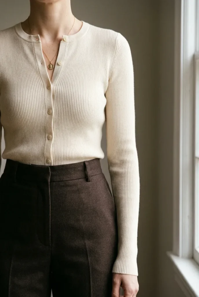 Fitted cream cardigan buttoned and worn as a top with high-waisted trousers