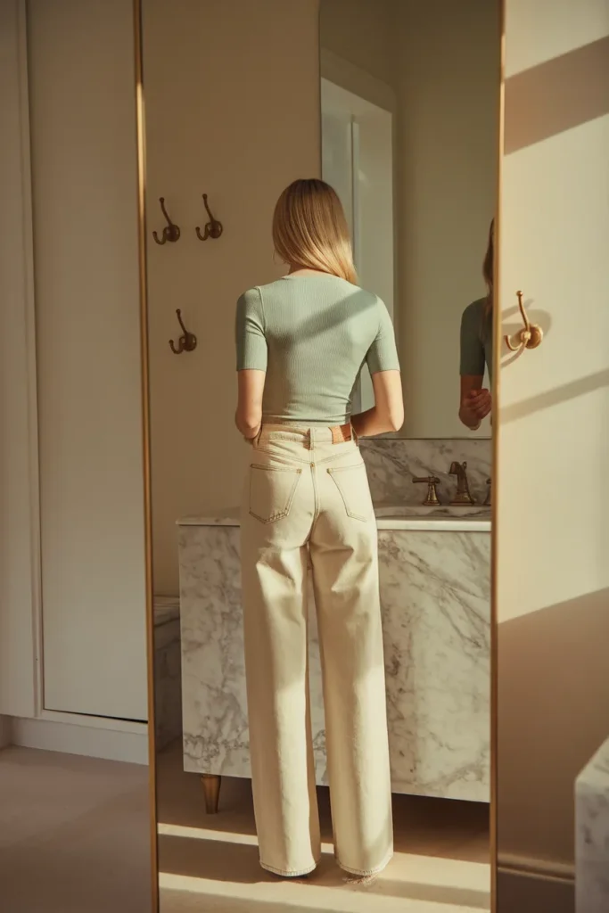 Fitted sage knit tucked into wide-leg jeans showing balanced top to bottom proportion.
