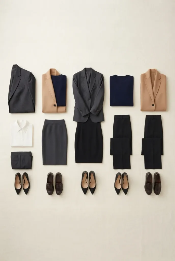 Five formal office outfit combinations from a ten-piece capsule wardrobe flat lay.