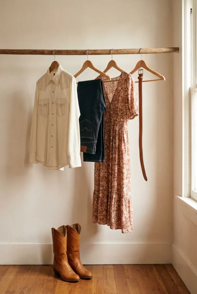 Five-piece western capsule wardrobe on a wooden rail with boots on hardwood floor.