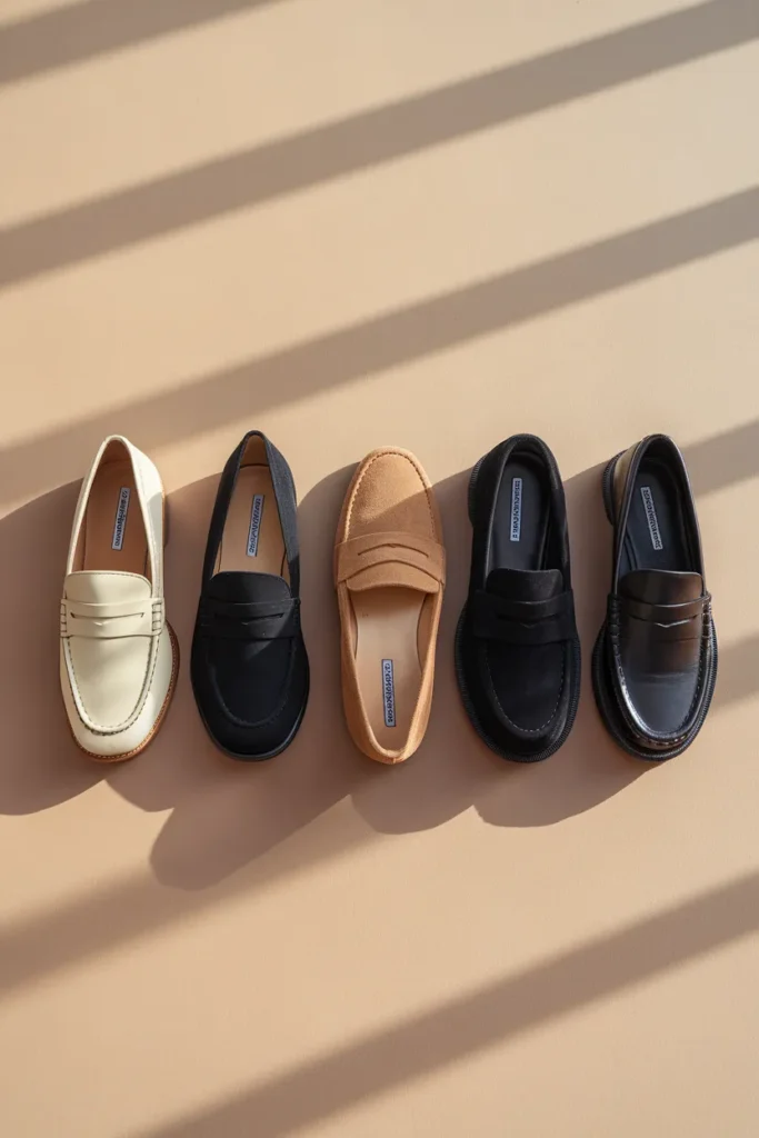 Five women's loafers arranged by price tier on a bone flat-lay