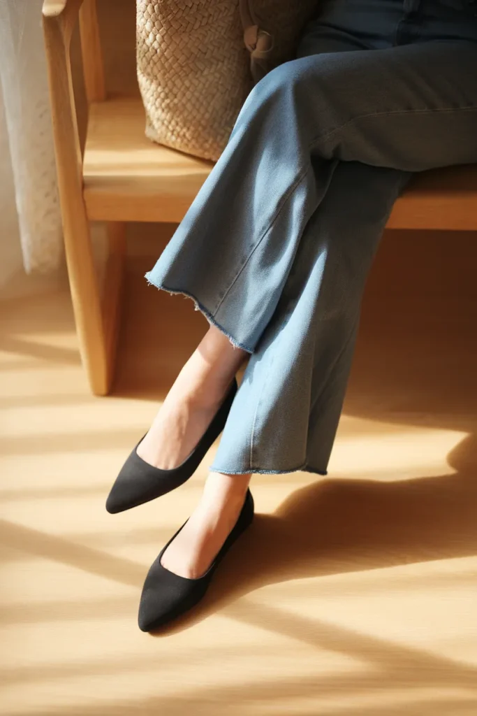 Flared jeans styled with black pointed ballet flats, shown from the knees down on a wooden bench