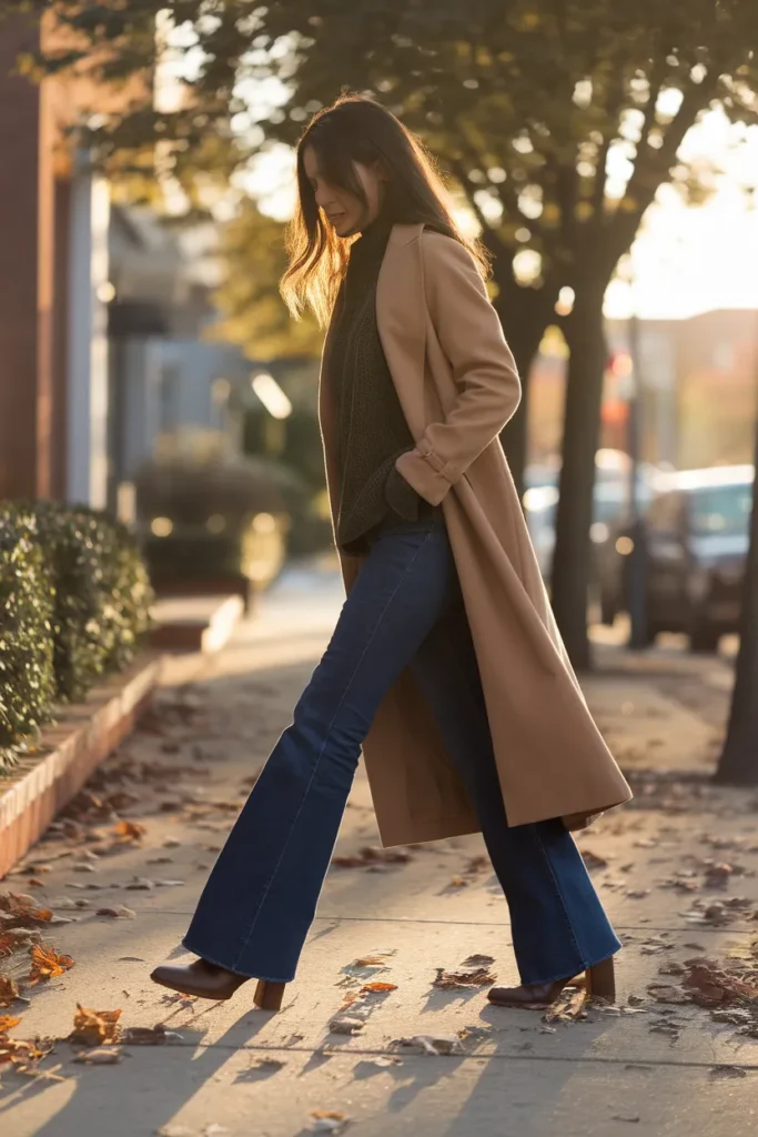Flared jeans with ankle boots and a long camel trench walking on a fall sidewalk