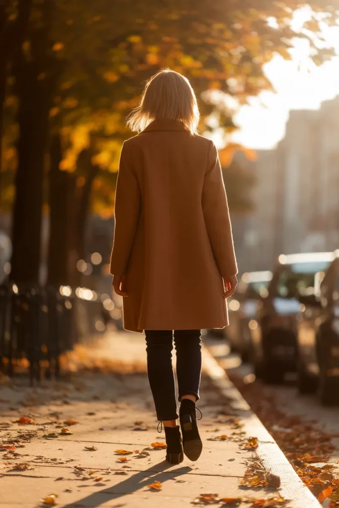 Flat black lace-up ankle boots worn with a camel coat and jeans on a fall sidewalk.
