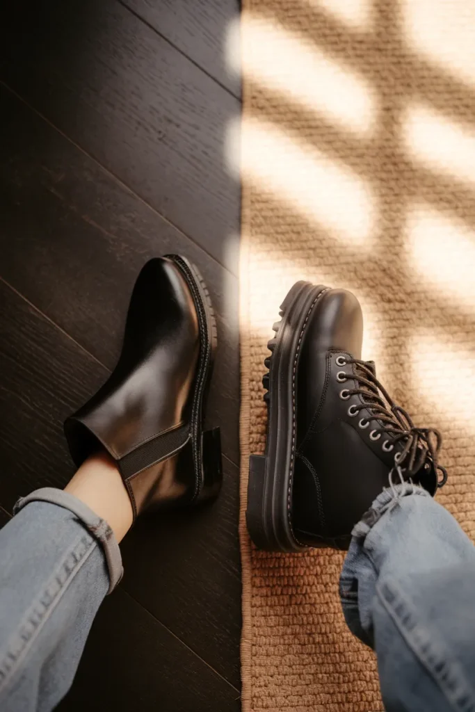 Flat black leather ankle boot beside a chunky platform combat boot on hardwood floor.