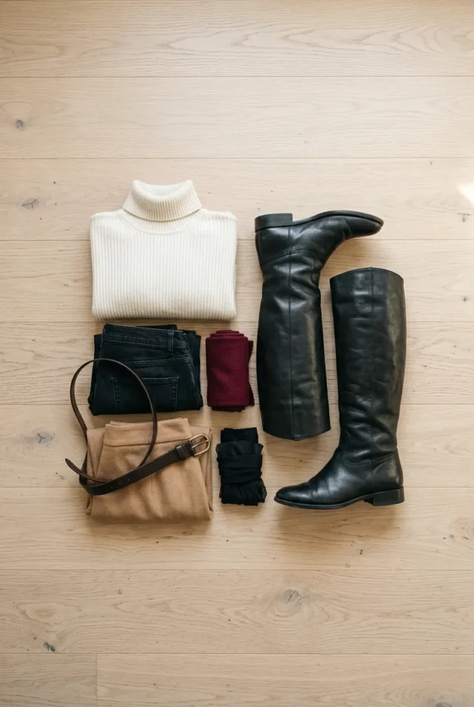 Flat-lay capsule of knee-high boots, jeans, midi skirt and sweater in neutral tones with a burgundy scarf.