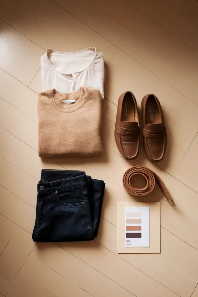 Flat-lay capsule wardrobe vision board with oat sweater, white shirt, jeans, and color swatches