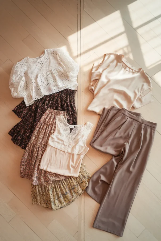 Flat lay comparing a crowded pile of detailed romantic pieces with three quiet neutral basics