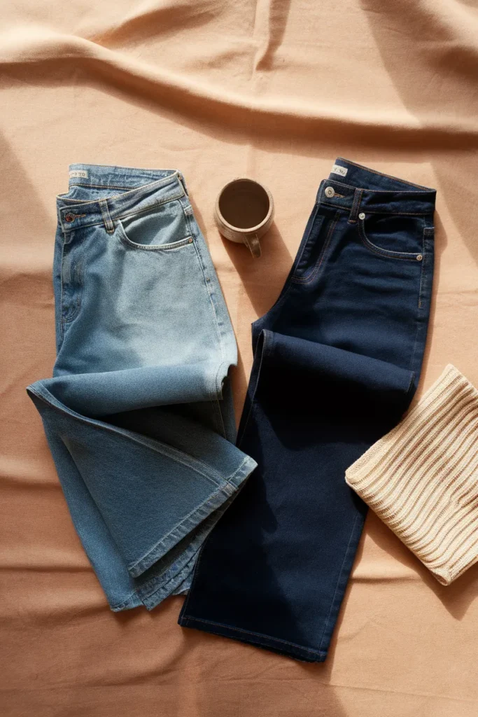 Flat lay comparing a wide vintage bell bottom with a sleek modern high rise slim flare