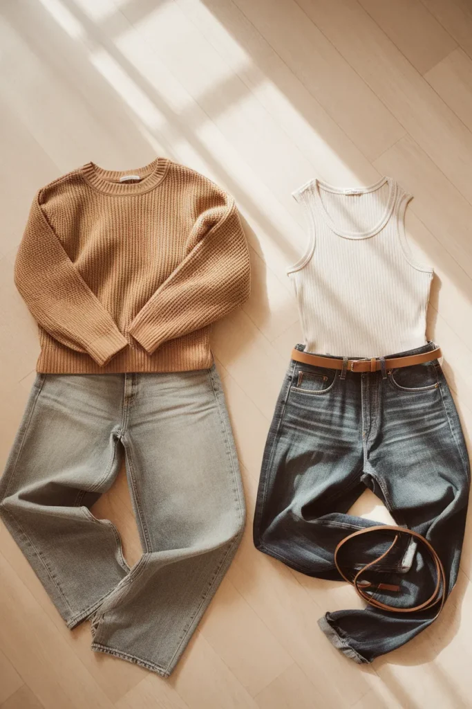 Flat lay comparing an oversized sweater and a fitted tank styled with the same baggy jeans
