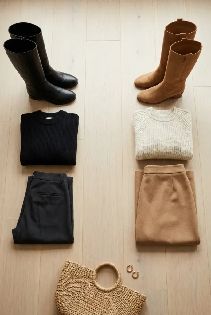 Flat-lay comparing black tall boots and tan suede boots capsule outfit groupings.