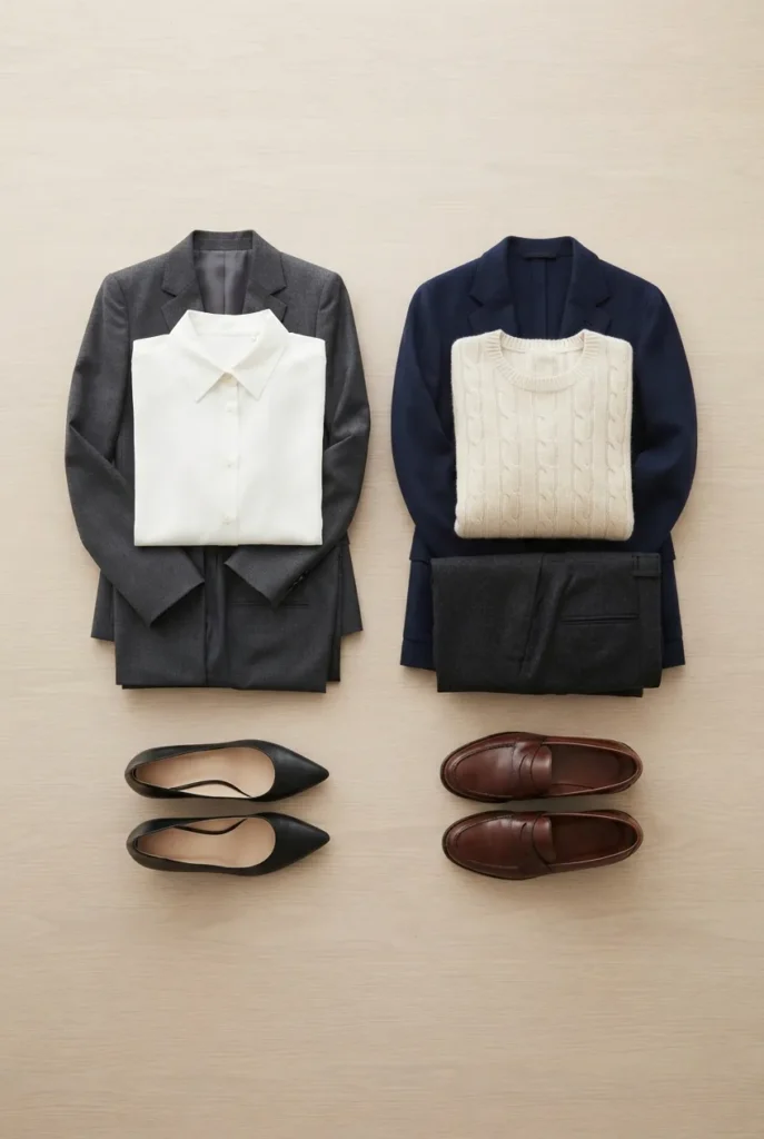 Flat lay comparing business formal and business casual office outfit pieces.