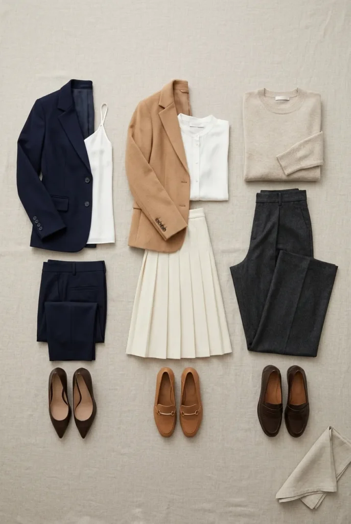 Flat-lay comparing business professional, business casual, and smart casual interview outfits for women