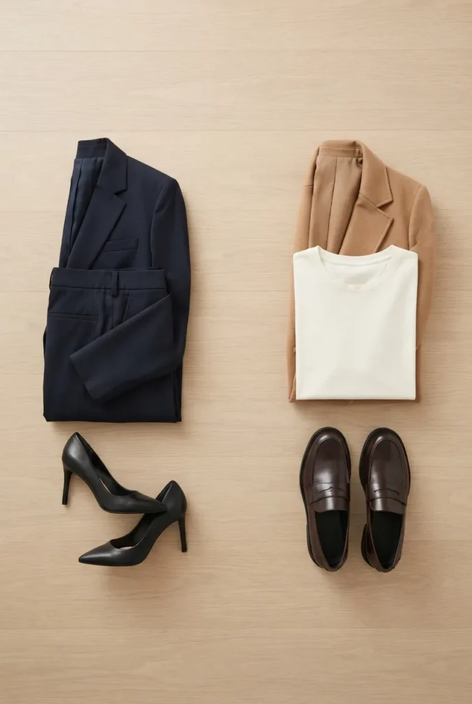 Flat lay comparing business professional suiting to business casual separates for women.