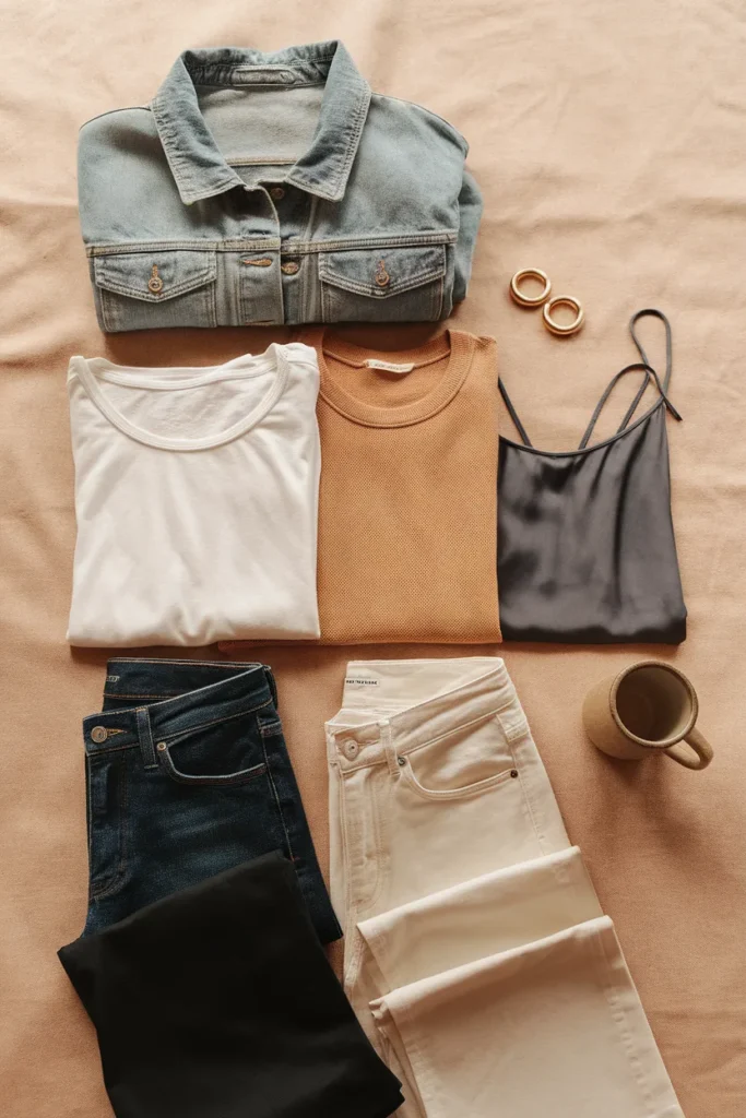 Flat-lay grid of a denim jacket with three tops and three bottoms for nine capsule outfits