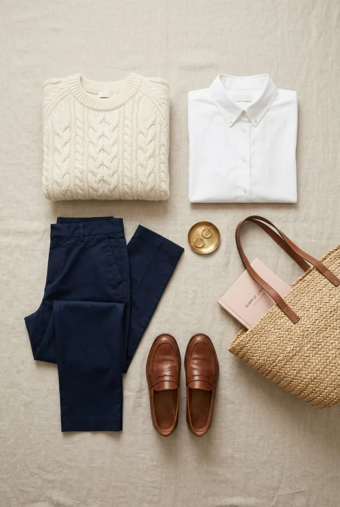 Flat lay of Scandinavian capsule wardrobe pieces in neutral colors
