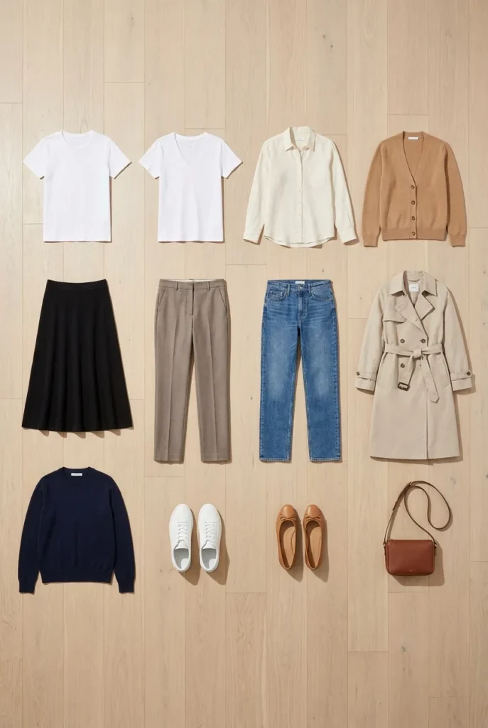 Flat-lay of a 12-piece neutral Japan travel capsule wardrobe on oak floor