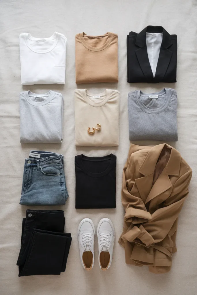 Flat lay of a 15 piece capsule wardrobe for college arranged on cream linen