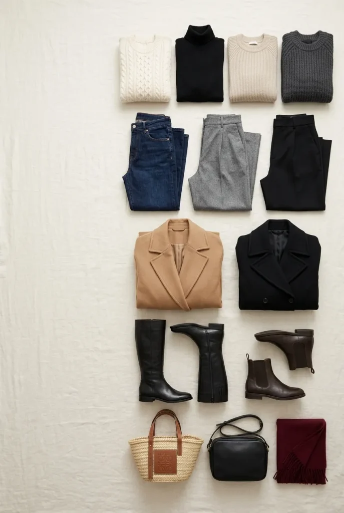 Flat lay of a 20 piece winter capsule wardrobe in neutral tones on ivory linen.