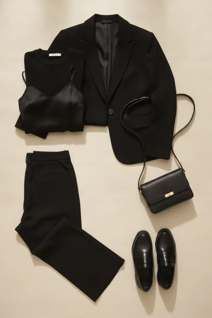 Flat lay of a black capsule wardrobe trousers knit silk blazer loafers and bag