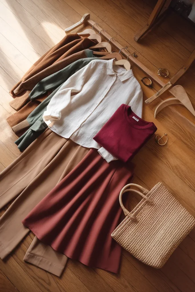 Flat-lay of a colorful capsule wardrobe with cream, camel, sage, terracotta, and one burgundy sweater.