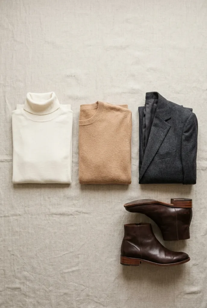 Flat-lay of a merino base, knit sweater, and wool blazer for layered winter work outfits.