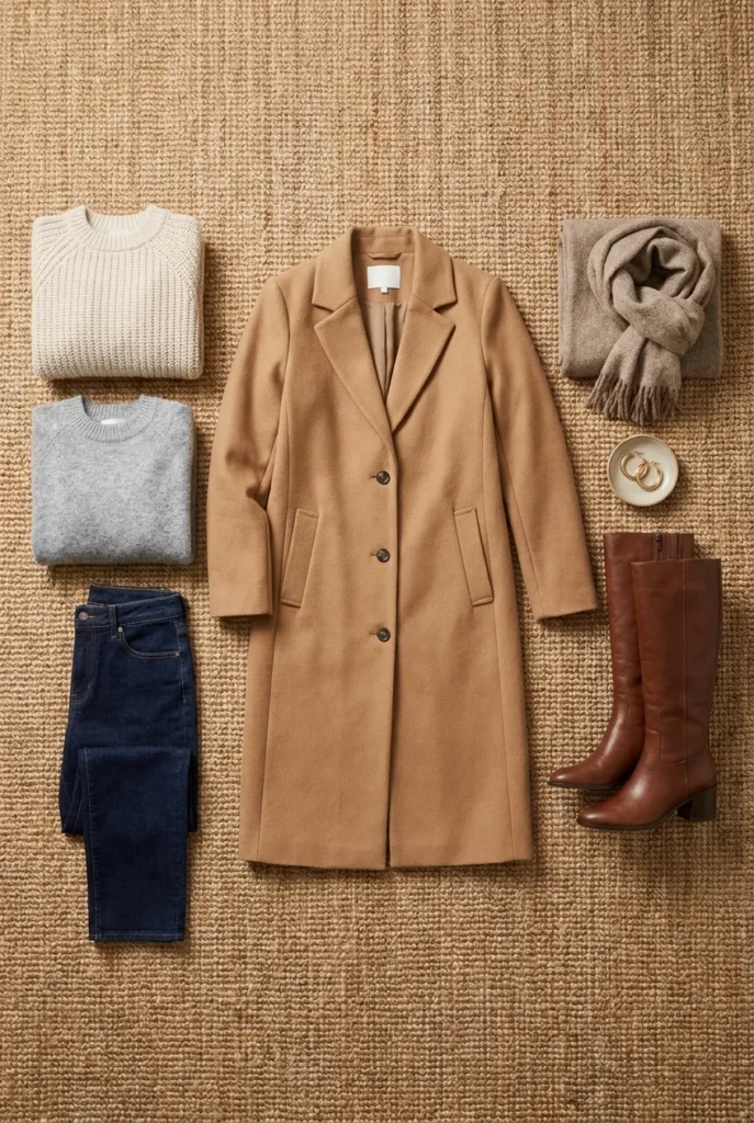 Flat-lay of a neutral winter capsule wardrobe with a camel wool coat