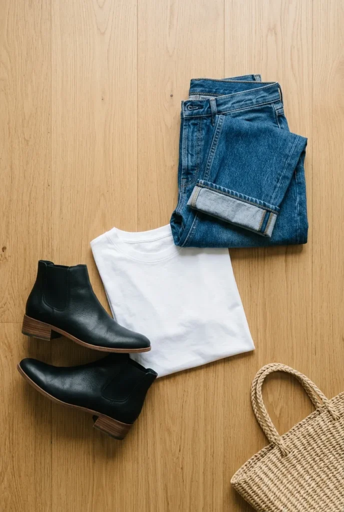 Flat-lay of ankle boots with straight-leg jeans and a white tee for an easy fall outfit