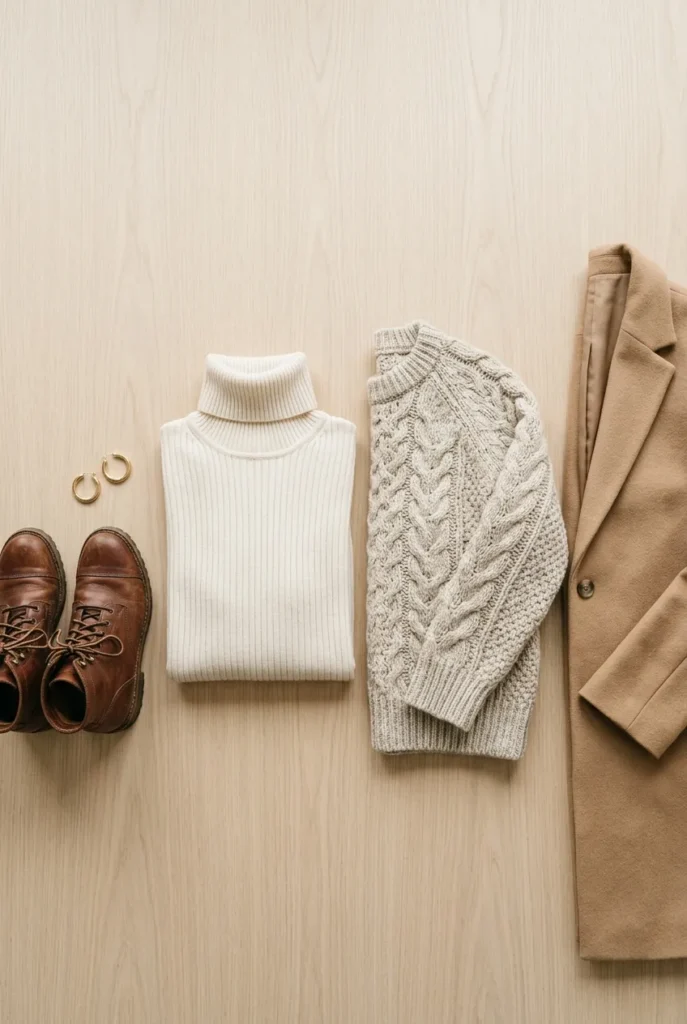 Flat-lay of base, middle, and outer layers for a cozy winter outfit, from turtleneck to wool coat.