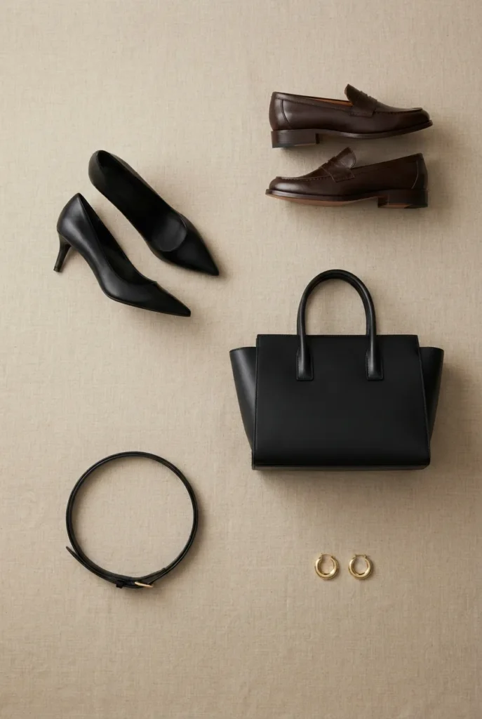 Flat lay of black pumps, loafers, and structured tote for formal office outfits.