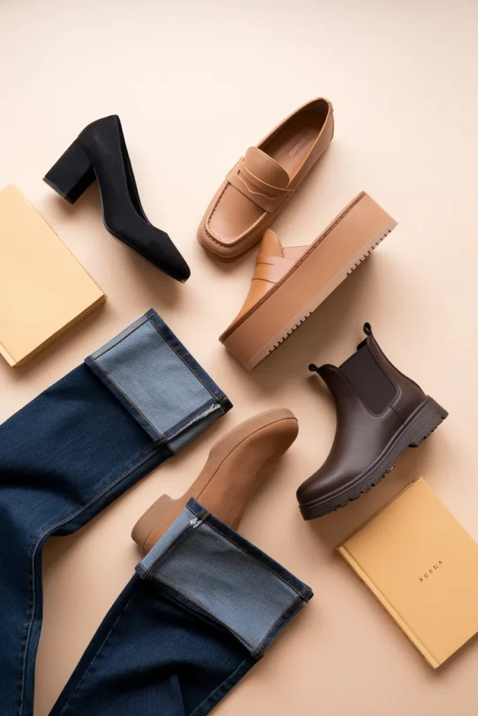 Flat lay of block heels, loafers, platforms, and ankle boots to wear with flared jeans