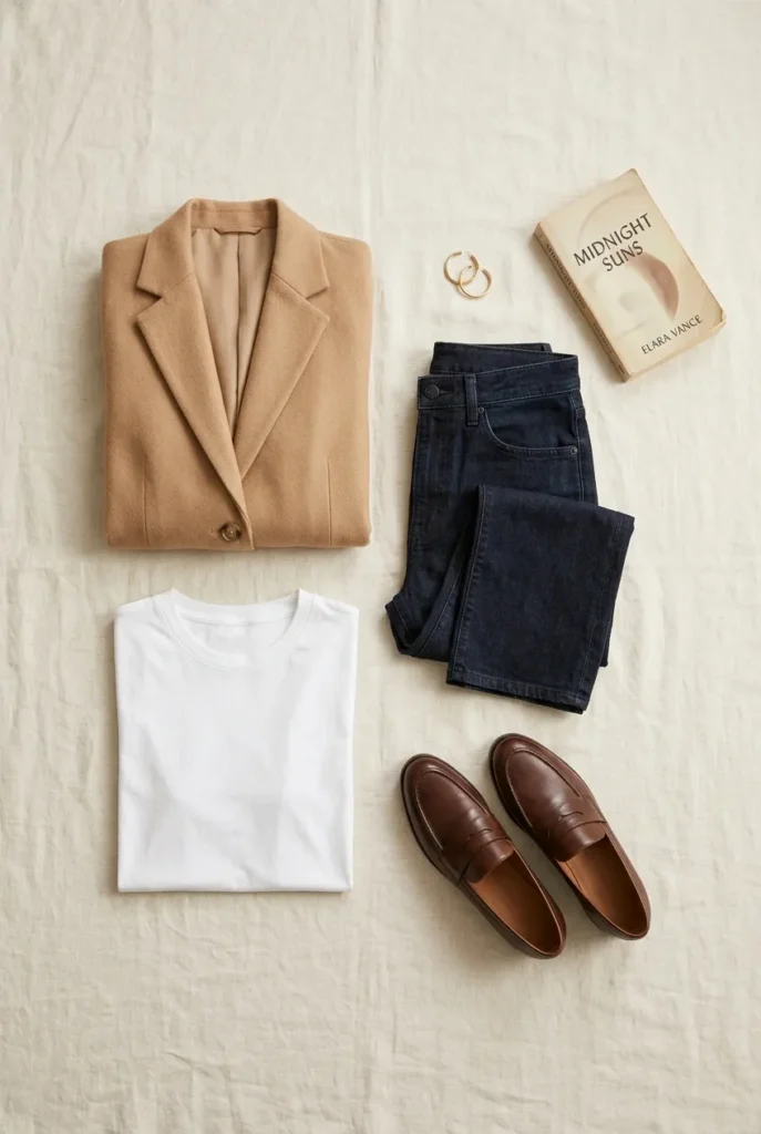 Flat lay of elevated basics including white tee, camel blazer, and loafers