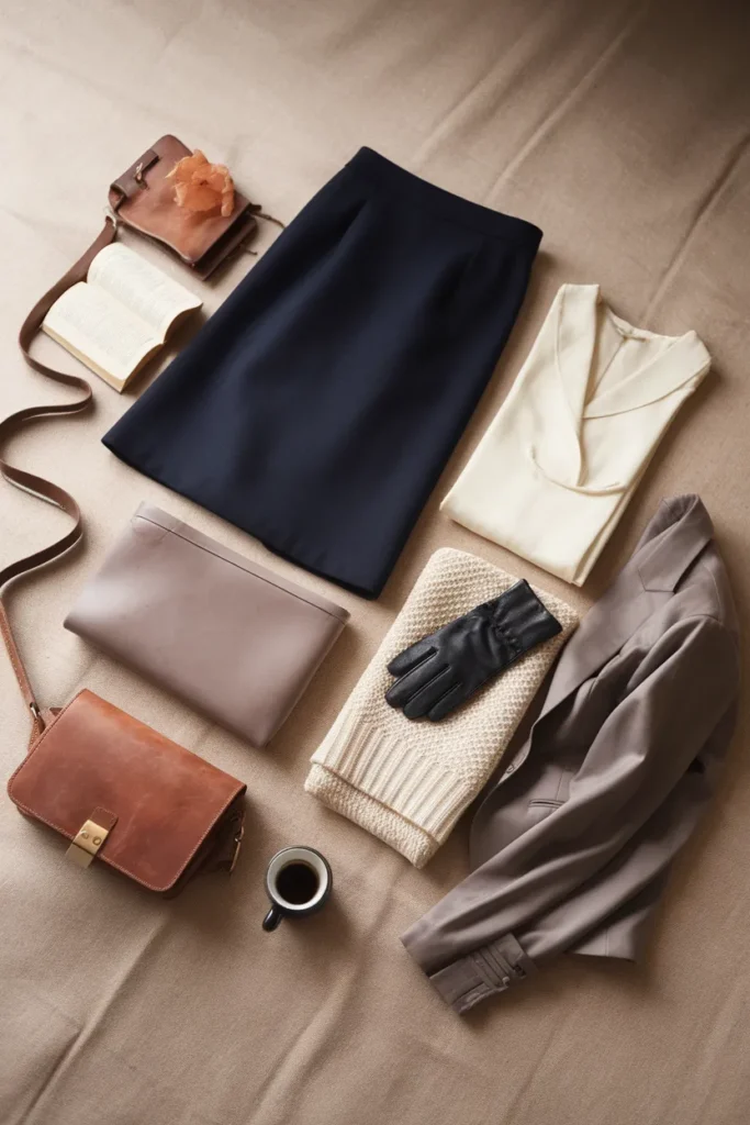 Flat lay of folded 1930s style travel pieces, the historical roots of the capsule wardrobe