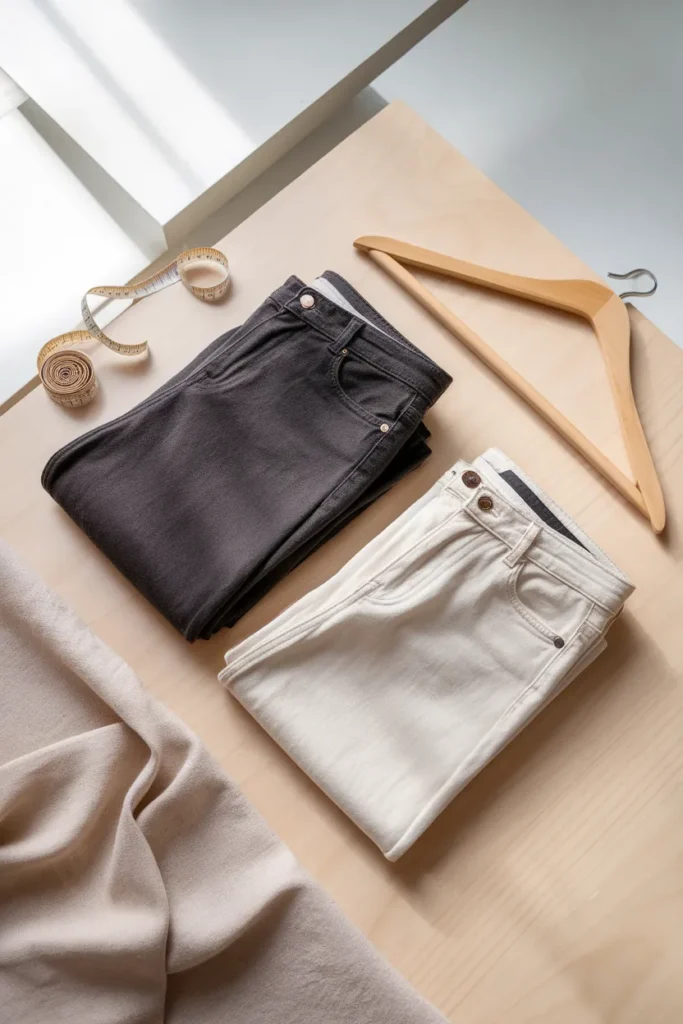 Flat lay of folded wide-leg jeans in black and ecru showing fit and hem length.