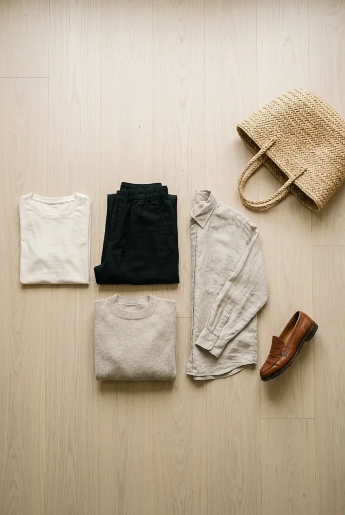 Flat lay of neutral Japanese minimalist capsule wardrobe pieces on light wood floor