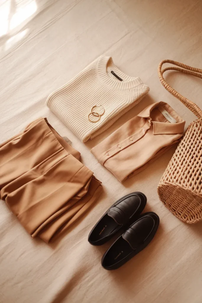 Flat-lay of neutral capsule pieces in cream, camel, and oat on ivory linen.