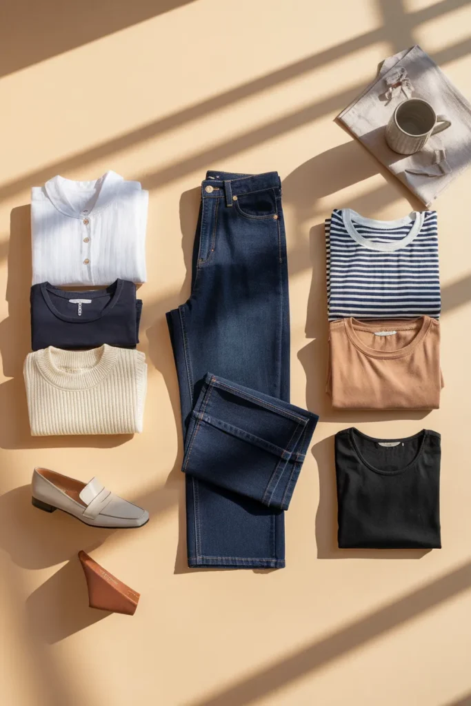Flat lay of one pair of flared jeans surrounded by neutral tops and shoes for a week of outfits