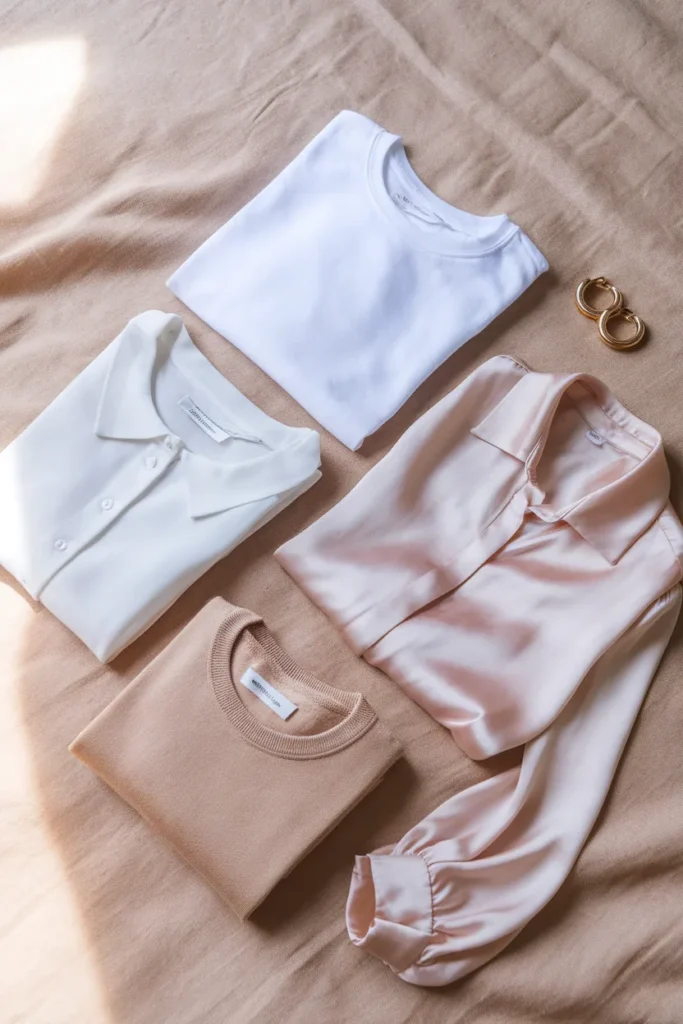 Flat lay of plus size capsule wardrobe tops, white tee, button down, blush blouse, and camel sweater