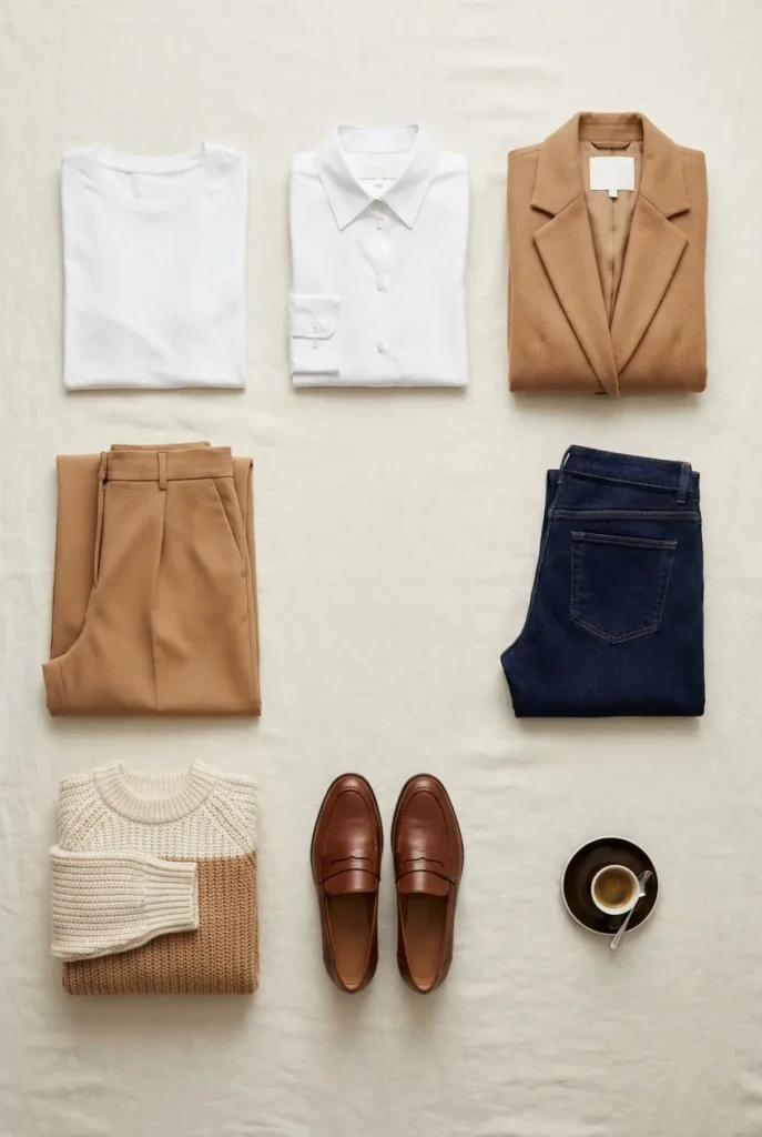 Flat lay of seven elevated basics including tee, blazer, trousers, and loafers