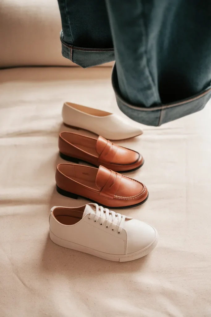 Flat lay of sneakers, loafers, ballet flats, and pointed heels to wear with baggy jeans